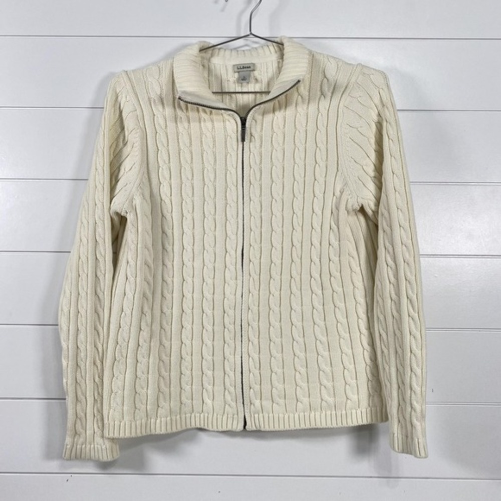 LL‎ Bean Sweater Womens Large White Cable Knit Full Zip Cotton Jacket Pullover